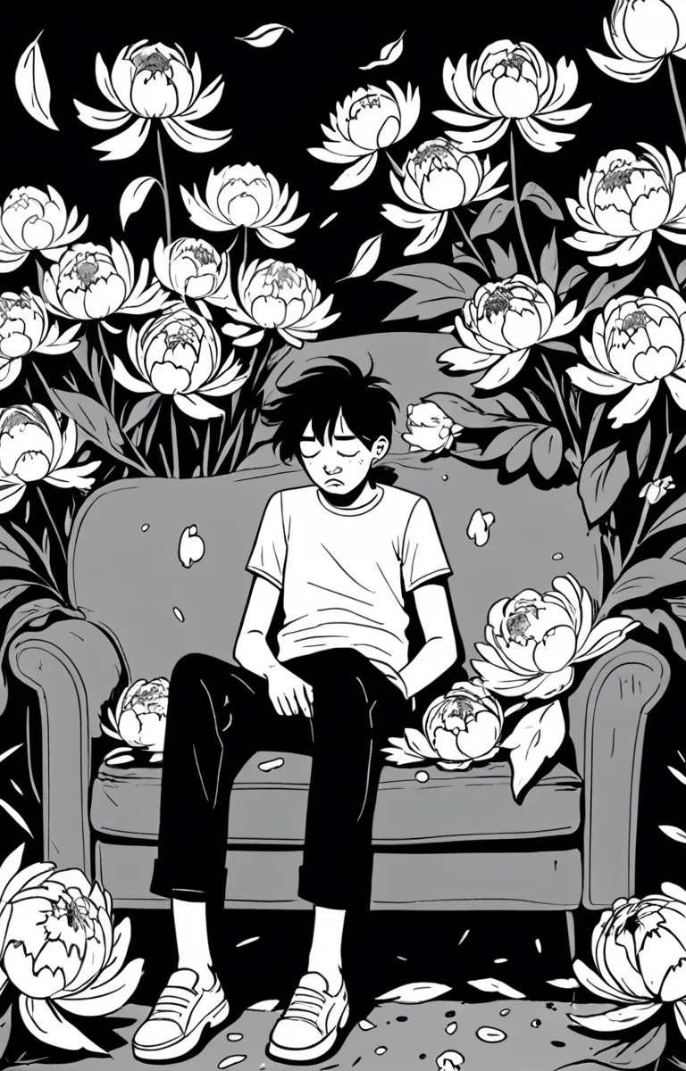 masterpiece,best quality,<lora:tbh373-sdxl:0.6>,illustration,style of exhausted people ,greyscale and white,comic decaying peonies