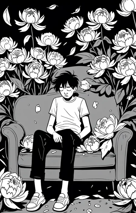 masterpiece,best quality,<lora:tbh373-sdxl:0.6>,illustration,style of exhausted people ,greyscale and white,comic decaying peonies