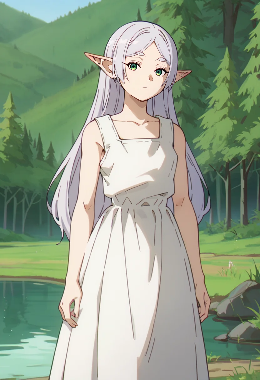 score_9, score_8_up, score_7_up,
<lora:SousouNoFrieren_FrierenXL:0.9>, FrierenSSnF,
1girl, solo, closed mouth,
grey hair, long hair, green eyes, parted bangs, pointy ears,
FrierenDress, white dress, sleeveless,
standing, looking at the viewer, head tilt,
lake, forest, scenery, nature