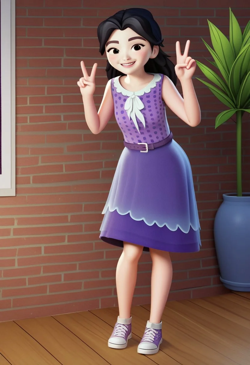 (zPDXL3) source_cartoon,
emma_lego, black hair, long hair, black eyes, blue shirt , purple dress, sleeveless, belt, shoes, smile, teeth, blush, peace sign, full body,
indoors, looking at viewer, brick wall background with hanging paintings, wood flooring, potted plant,
detailed, perfect, perfection, hands,
<lora:hand 4:0.8>, <lora:Emma:1>
