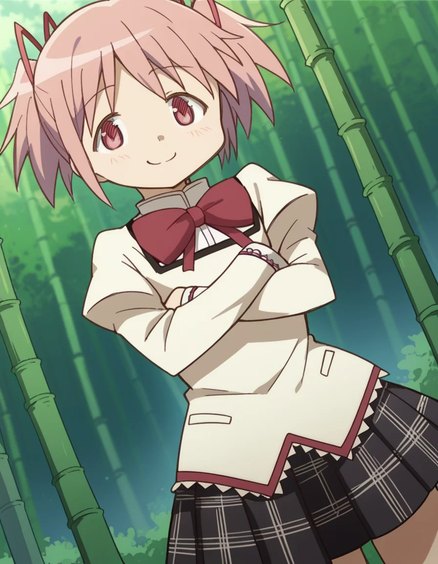 score_9, score_8_up, score_7_up, source_anime, <lora:madoka-kaname-s1-ponyxl-lora-nochekaiser:1>, madoka kaname, short hair, ribbon, twintails, hair ribbon, pink hair, pink eyes, short twintails,, skirt, school uniform, mitakihara school uniform, puffy sleeves, plaid skirt, pleated skirt, bowtie, red bowtie, bamboo forest, bamboo, trees, dense, wildlife, smile, crossed arms, smug, looking at viewer, solo,, dutch angle, cowboy shot