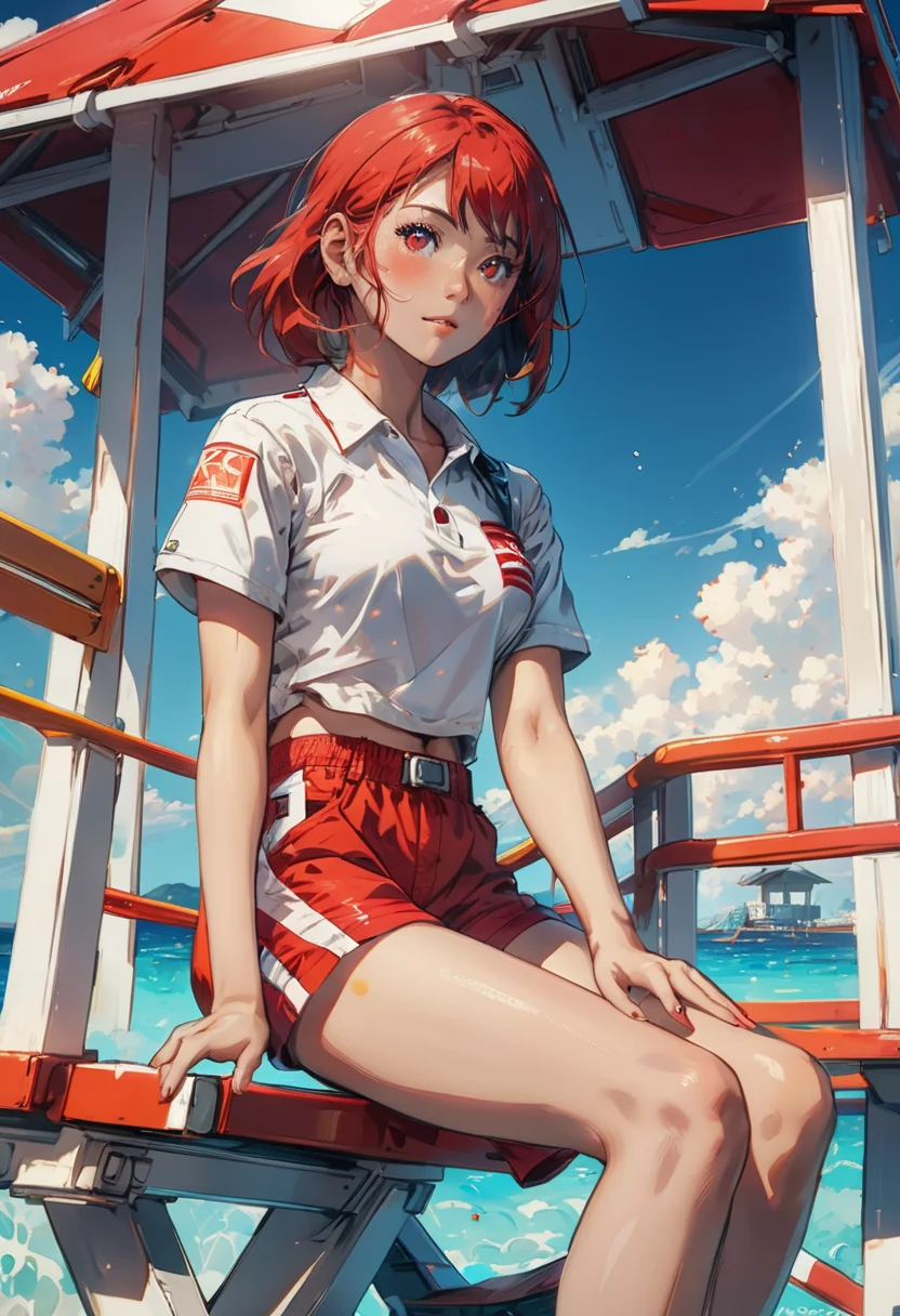 1girl, a girl as a lifeguard, sitting in the sun on a white lifeguard tower, plain white shirt, red shorts, 8k, professionally color graded, depth of field , futuristic-fantasy-anime
<lora:futureistic_fantasy_anime_sdxl_v1:0.8>