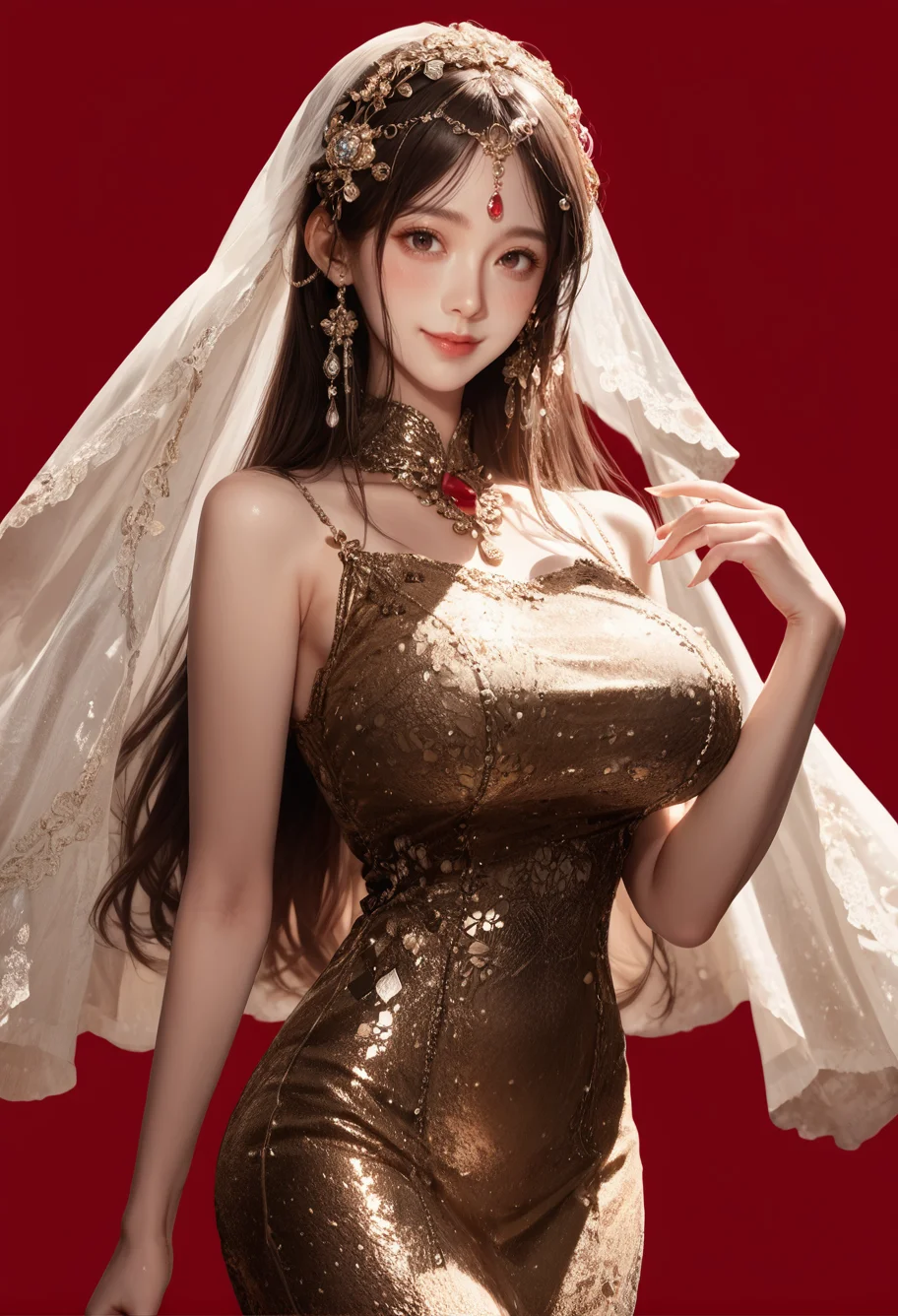 1girl,red background,,ruanyi1009,sleeveless dress,jewelry,gem,hair ornament,cowboy shot,skin tight,veil,<lora:1009 performance clothes_v1_pony:1>, score_9, score_8_up, score_7_up, score_6_up, score_9, score_8_up, score_7_up, score_6_up source_anime, blush, 1girl, seduce smile, perfect body , natural huge breasts