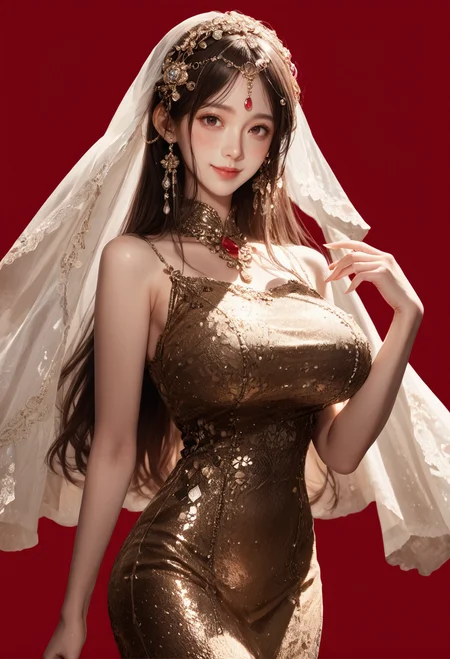 1girl,red background,,ruanyi1009,sleeveless dress,jewelry,gem,hair ornament,cowboy shot,skin tight,veil,<lora:1009 performance clothes_v1_pony:1>, score_9, score_8_up, score_7_up, score_6_up, score_9, score_8_up, score_7_up, score_6_up source_anime, blush, 1girl, seduce smile, perfect body , natural huge breasts