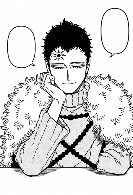 lucius(humanform), closed mouth, smirk, 1boy, solo, short hair, black hair, sun mark on forehead, fur robe, detailed knit texture, dark chest straps,fur trim, turtleneck, fur mantle, fur cape, long sleeves,
upper body, looking down,blank speech bubble, front view, head rest, simple background, manga style, monochrome, greyscale,DacuteCHIBI, chibi style focus