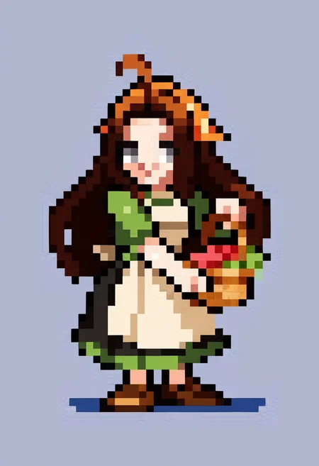 score_9, score_8_up, score_7_up, source_anime, BREAK, solo, 1girl, smile, looking at viewer, <lora:Leanboox-Sprite-Style-pdxl_Fp:1>, simple background, full body, pixel art, <lora:Celia-pdxl_Fp:0.8>, celiahm, brown hair, grey eyes, ahoge, long hair, bandana, green shirt, apron, skirt, brown footwear, basket,