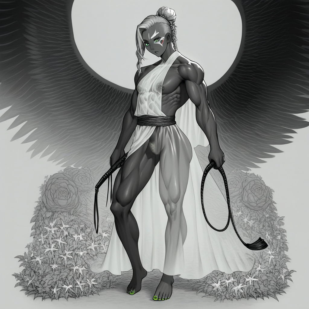 saliva, 1boy, very long hair, toenail polish, shiny, asymmetrical hair, pauldrons, wings, dark skin, see-through, grey background, flower, muscular, single hair bun, green eyes, monochrome, facial mark, whip, pubic hair, parted lips, nature, sideboob