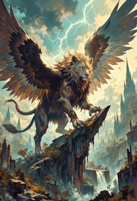 A powerful digital painting capturing a majestic griffin guardian soaring fiercely through stormy skies above ancient ruins. Its eagle-like head and talons gleam with golden hues illuminated by dramatic lightning flashes piercing through dense clouds, highlighting every feather and muscle in vivid detail. The lion's muscular body and tail ripple with strength as it dives protectively downward, wings spread wide in an aggressive yet graceful posture. Below lies a sprawling landscape of crumbling stone temples entwined with vines and moss, bathed intermittently in stark contrasts of light and shadow from the tempest above, creating a sense of awe-inspiring power and impending drama. Mythical creature fantasy, stormy dramatic lighting, dynamic aerial action pose.
Intricate linework with expressive contrasts, low-key lighting with cool shadows dynamic highlights. In the style of ff-td, DB4RZ, DB4RZ style painting