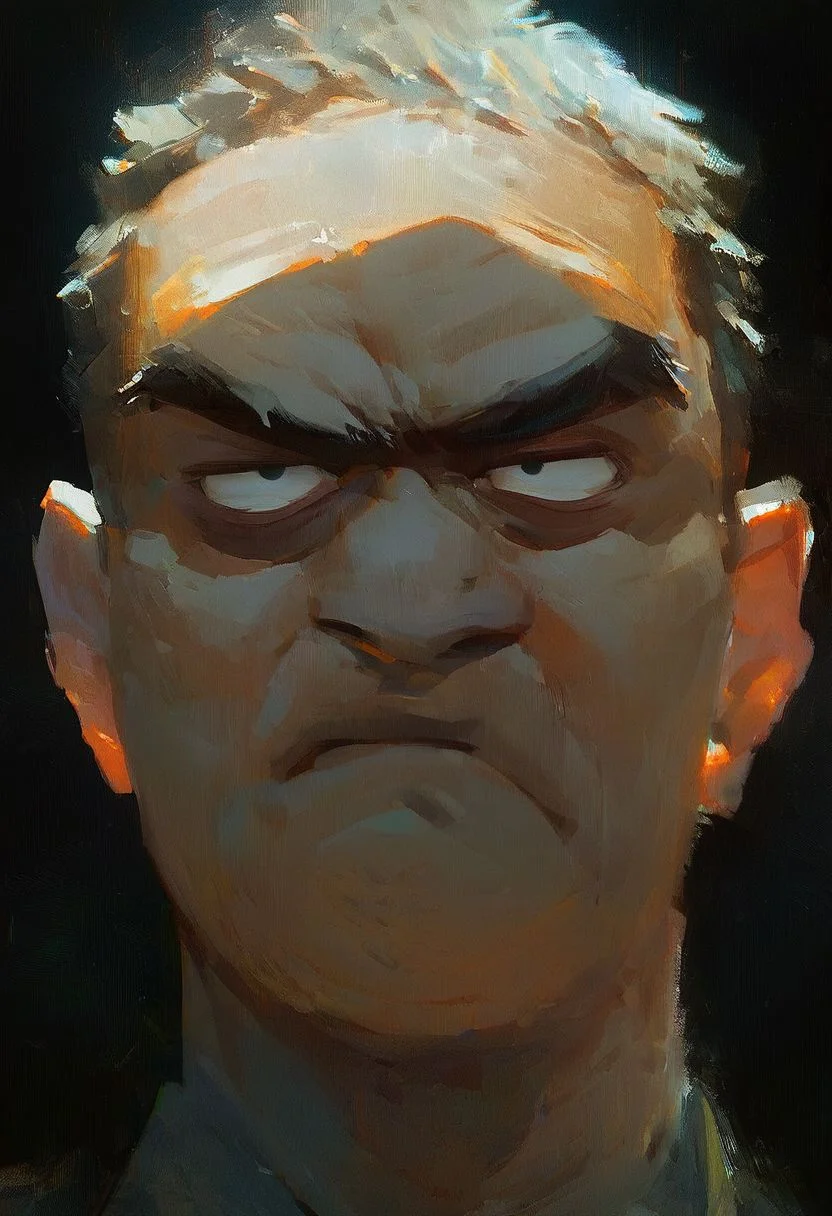 ((score_9, score_8_up, score_7_up)), close-up portrait painting of fat mafia man, scowl, shifting eyes, shadows, black background