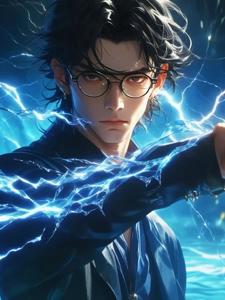 1boy, glasses, electricity, lightning, water, water flowing, earrings, jewelry, blurry, solo, upper_body, depth_of_field, black_hair, <lora:niniv2:0.7>