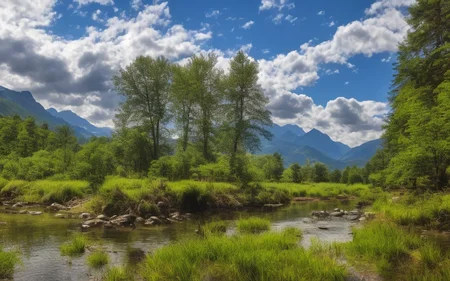 detailed background, masterpiece, best quality, scenery, mountains, river, forest, sun, day, clouds