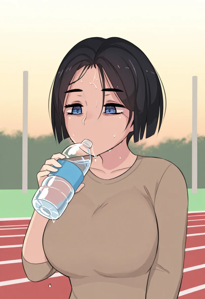 1girl, solo, akiyama yuko, blue eyes, black hair, short hair, brown shirt, long sleeves,
drinking from water bottle, water dripping from mouth, tilted head, sweat on forehead, post-exercise exhaustion, panting, outdoor running track background, evening glow, mid-range shot
<lora:Character_Akiyama Yuko:1>
