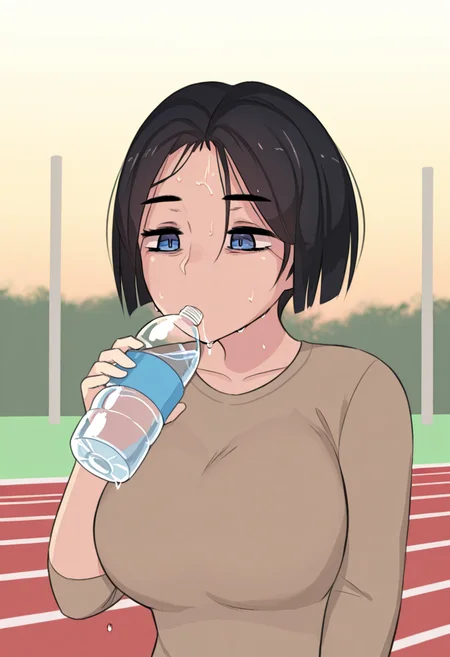 1girl, solo, akiyama yuko, blue eyes, black hair, short hair, brown shirt, long sleeves, 
drinking from water bottle, water dripping from mouth, tilted head, sweat on forehead, post-exercise exhaustion, panting, outdoor running track background, evening glow, mid-range shot
<lora:Character_Akiyama Yuko:1>