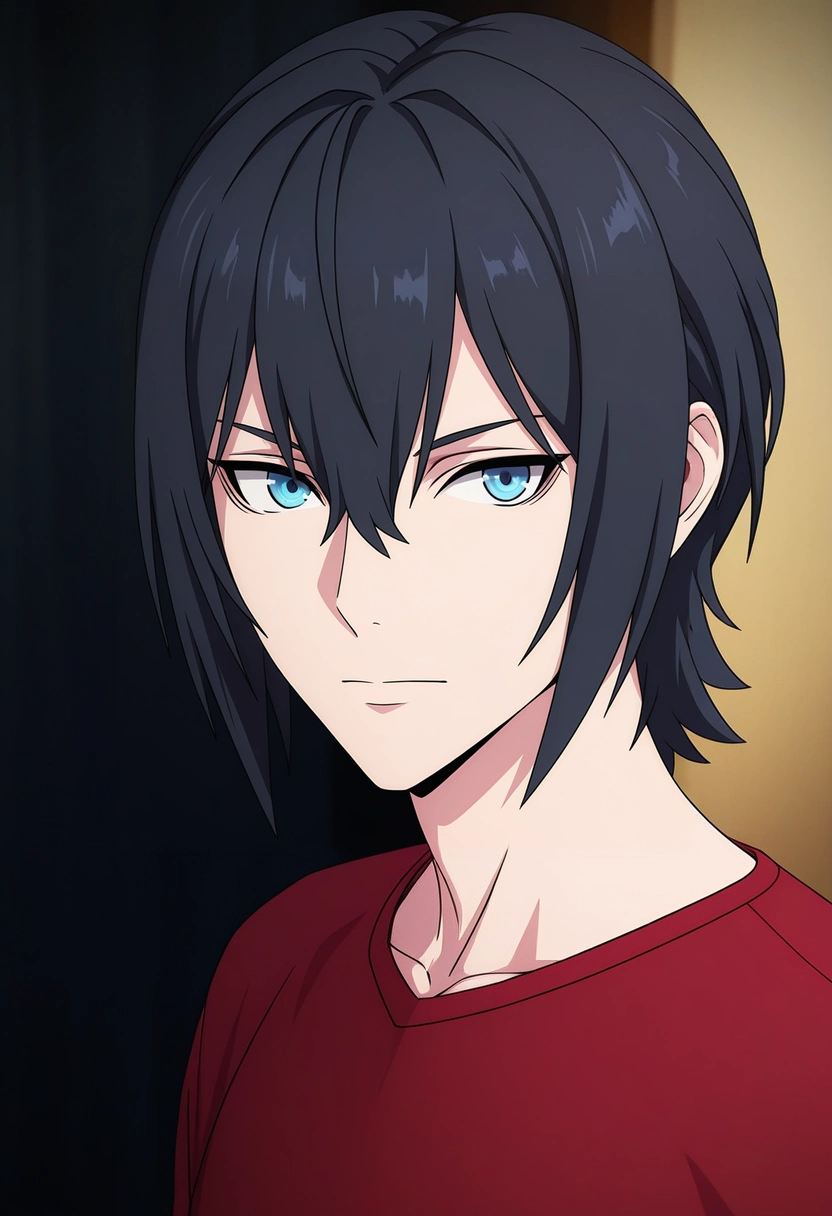 masterpiece, best quality, , (3d:0.4), looking at viewer, 1boy, solo, male focus, <lora:ren_amaki_ilxl:0.96>, ren_amaki, black hair, blue eyes, hair between eyes, , , ,