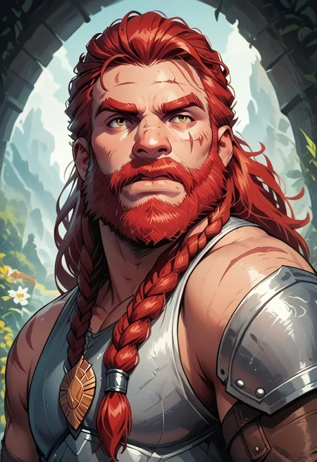 score_9, score_8_up, score_7_up, solo, solo focus, male focus, 1 boy, male, beard, facial hair, braid, braided beard, big beard, epic beard, Dwarf, short stature, big nose, wide shoulders, muscular, red hair, armor, scars, scar