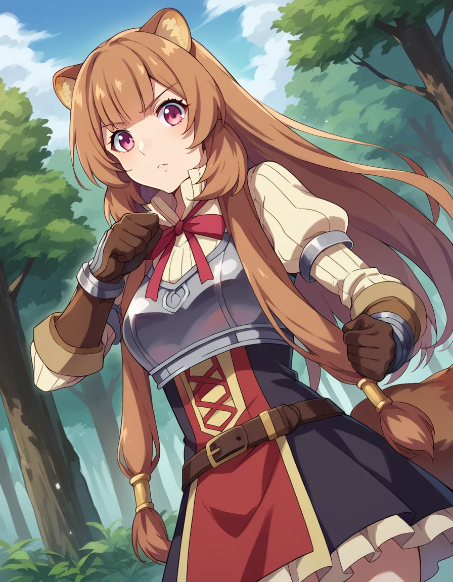 score_9, score_8_up, score_7_up, source_anime,
raphtalia, <lora:raphtalia-ponyxl-lora-nochekaiser:1>,
raphtalia, long hair, bangs, brown hair, animal ears, raccoon ears, raccoon tail, raccoon girl, pink eyes,
long sleeves, sweater, ribbed sweater, puffy sleeves, breastplate, ribbon, red ribbon, gauntlets, glove, brown gloves, belt, skirt, armor,
outdoors, forest, nature,
looking at viewer, cowboy shot, dutch angle, dynamic pose,