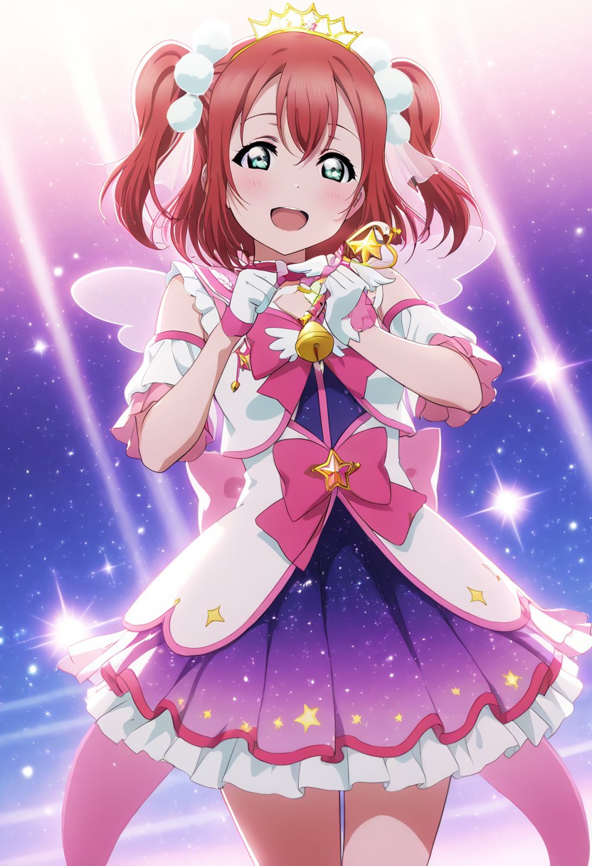 masterpiece, best quality, solo, 1girl, aged up, happy, 
 ruby_kurosawa, kurosawa_ruby, short hair, bangs, red hair, aqua eyes, green eyes, two side up, magical girl idol outfit, star-patterned dress, bell sleeves, sparkling wand, glowing tiara, stage surrounded by floating crystals, galaxy background, swirling sparkles, dreamy expression, spell-casting pose, pure and fantastical energy