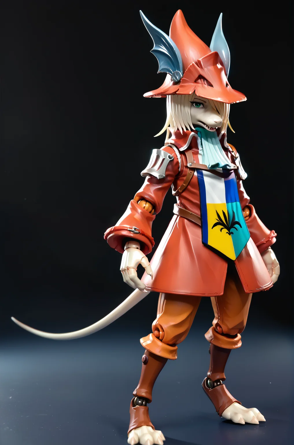 score_9, score_8_up, score_7_up, realistic, BREAK,
freyac, toy, doll joints, white body, white hair, green eyes, looking at viewer, gaiters, ascot, dragoon hat, red dragoon coat, from side, blue background, walking, mouth open, posing, black background, solo, 1girl, orange dragoon pants, brown gaiters, dragoon tabard, full body, female, tail,
zPDXL, <lora:Freya10S 97:1>,