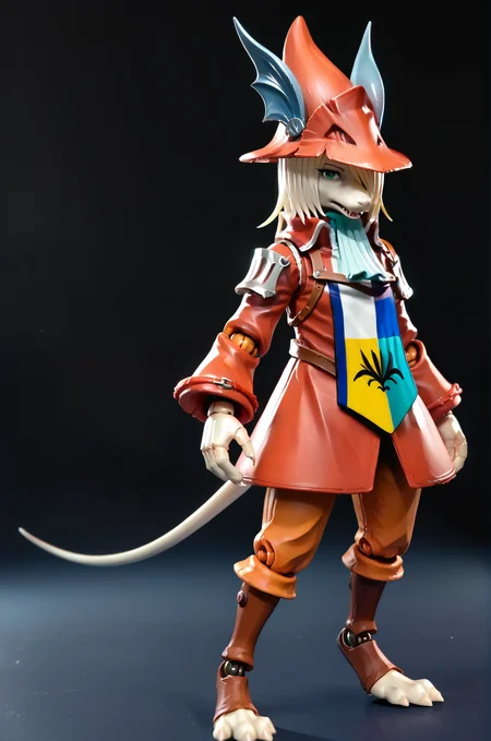 score_9, score_8_up, score_7_up, realistic, BREAK,
freyac, toy, doll joints, white body, white hair, green eyes, looking at viewer, gaiters, ascot, dragoon hat, red dragoon coat, from side, blue background, walking, mouth open, posing, black background, solo, 1girl, orange dragoon pants, brown gaiters, dragoon tabard, full body, female, tail,
zPDXL, <lora:Freya10S 97:1>,