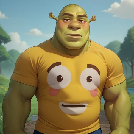score_9, score_8_up, score_7_up, yellow shirt, blush, t-shirt, huge pectorals, <lora:FlushedEmojiShirt_pdxl_Incrs_v1:1>, cowboy shot, <lora:Shrek_XLPD:0.8> shrek, green skin, 1boy, muscular, outdoors, wetland,