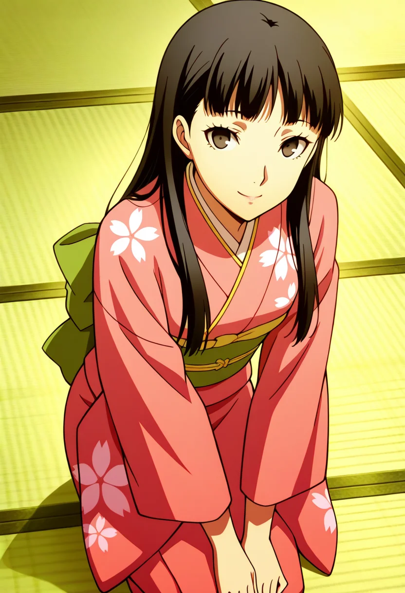 score_9, score_8_up, score_7_up, (source_anime), 1 girl, solo, nsfw, cute face,
Amagi Yukiko, japanese clothes, pink kimono, floral print, green sash, obi,
eye contact, looking at viewer, smile, v arms, bowing,
indoor, tatami,
masterpiece, best quality, ultra detailed, absurdres, very aesthetic