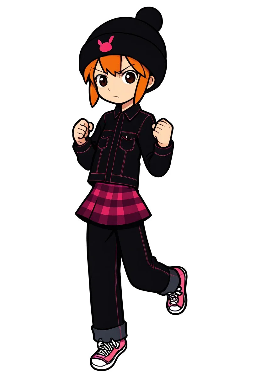 score_8, score_8_up, score_7_up, Thick outline, Rhythm Heaven, BREAK 1girl, female focus, solo, flat chest, usagi_kurokawa, beanie, black headwear, hat ornament, orange hair, bangs, short hair, sidelocks, denim jacket, black jacket, collared jacket, breast pocket, long sleeves, skirt, plaid skirt, pants under skirt, black pants, jeans, sneakers, black footwear, full body, simple background, white background, raised fist, clenched hand, angry