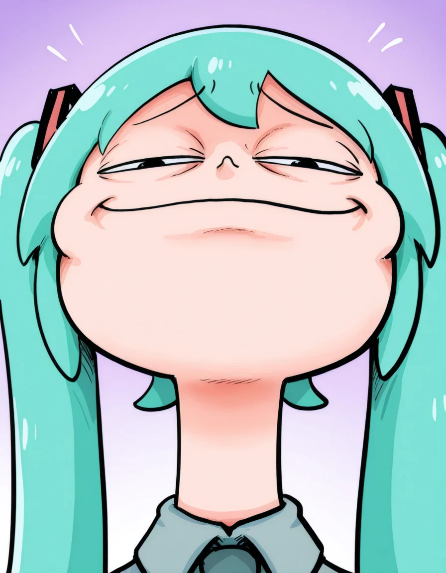 <lora:merriviuselfmeme_smug_illust:1.4> merriviuselfmeme_smug, exaggerated smug expression, hatsune miku