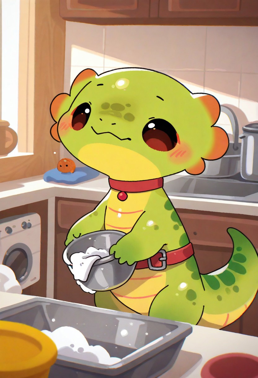 (masterpiece, best quality, high quality, highres), very awa, highres, absurdres,
(naguru \(cyoroama\), (chii-kun \(seedyoulater\):0.7), 
pikaole, cute, animal focus,
(lizard:1.1), embarassed, (cute:1.2), (solo:1.2), (axolotl:0.5), green skin, 
 red choker with buckle, 
 washing dishes, cozy kitchen