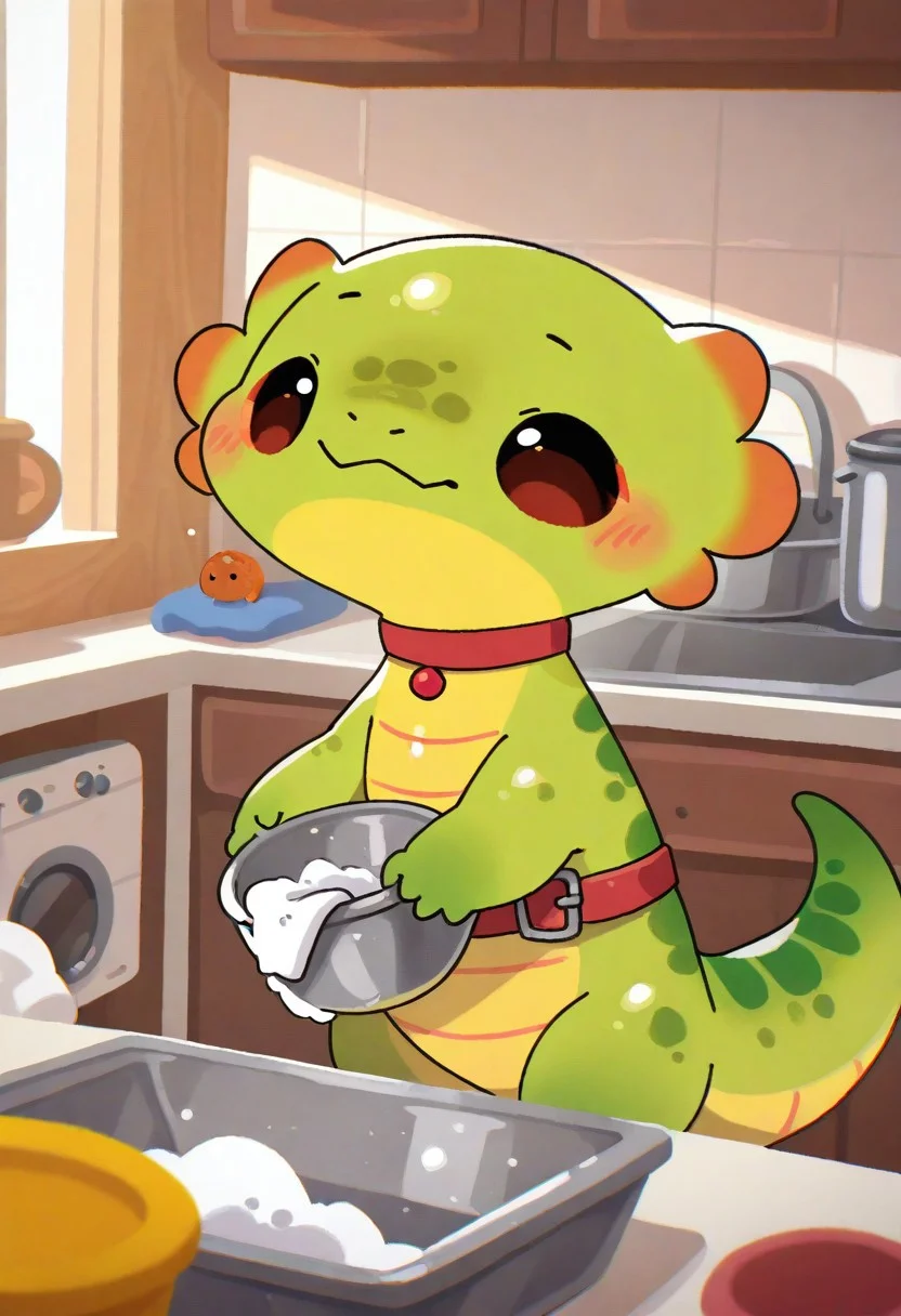 (masterpiece, best quality, high quality, highres), very awa, highres, absurdres,
(naguru \(cyoroama\), (chii-kun \(seedyoulater\):0.7),
pikaole, cute, animal focus,
(lizard:1.1), embarassed, (cute:1.2), (solo:1.2), (axolotl:0.5), green skin,
red choker with buckle,
washing dishes, cozy kitchen