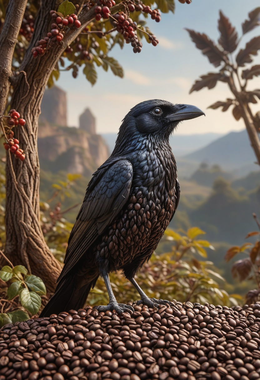 reality-shot, realism, realistic photography of a very detailed Jed-cofbns  Raven, awesome appearance, magical landscape with enchanted elements, fantasy art style, puce theme, intricate details, ultra sharp, exquisite detail, flawless composition, vivid colors, masterpiece, exciting background <lora:CoffeeBeansStyle:1>