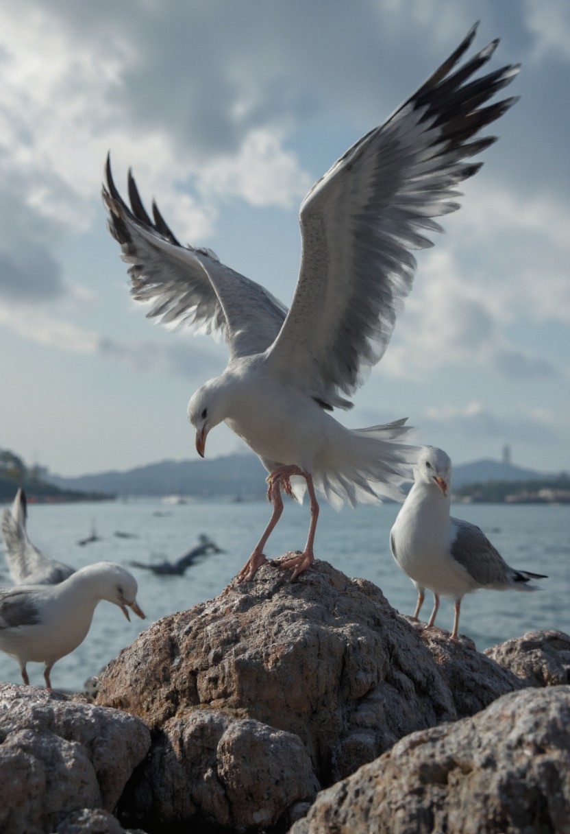 Photography ,
(masterpiece:1.1), (highest quality:1.1), (HDR:1.0),
((close up on a seagull with wide-spread wings, and extended legs, landing onto a rock, view from below)), the photo captures its dynamic posture, excellent contrast as sunlight shines above it, creating shadows under its body, and excellent details on its feathers, intricate details, (golden ratio, masterpiece:1.2), Midjourney_Whisper
real photo, sharp, highly detailed, and hyper-realistic, masterpiece, best quality, vivid colors, high quality, RAW photo, 
on the rock, another seagull is looking up, as if it's talking to the landing seagull,
a third seagull on the rock turns its head away from the other seagulls, tendering its feathers.
The background is a calm sea and a cloudy sky, setting a tranquil coastal scene. slightly blurred background in contrast to the sharply focused seagulls in the foreground,
 natural light, excellent details of the seagulls and the texture of the rock, great perspective, excellent depth of field, raw photography, 
The lighting enhances the seagull features, creating a soft interplay of light and shadow, while the high-resolution quality captures every detail with photorealistic clarity.
