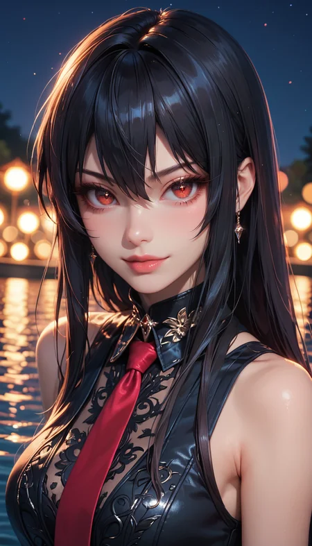 score_9, score_8_up, score_7_up, Portrait, Akame ga Kill!, cute, seductive, innocent, light smile:0.3, plump lips, slender body, very long black hair, red eyes, black dress, sleeveless, detailed white collar, long red tie, ultrahigh resolution textures, bokeh, moonlight passing through hair, night, lake background, 4n1v3rs3, depth of field, dynamic angle, fashion photography, sharp, hyperdetailed:1.15