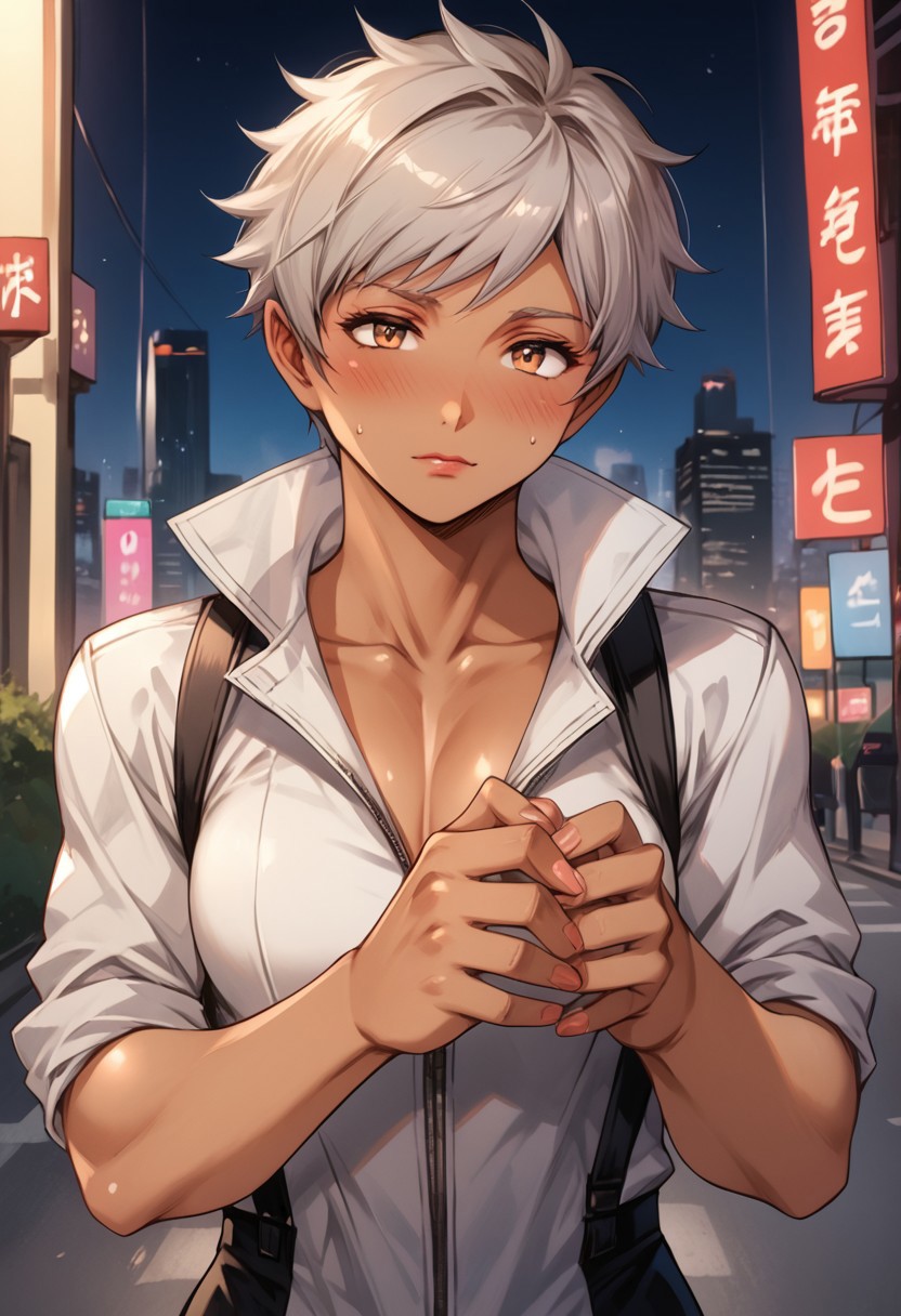 score_9, score_8_up, score_7_up, solo, 1girl, grey hair, dark-skinned female, blush, muscular, Big Breast, short hair, city, jumpsuit brown,
 <lora:add-detail-xl:1.0> ,(((feminine bodies))),(((perfect anatomy))), (((correct arms))), (((correct hands))), detailed eyes、detailed face and detailed skin <lora:add-detail-xl:1.0>,,dark skin, Dark Skin Female, Dark elf