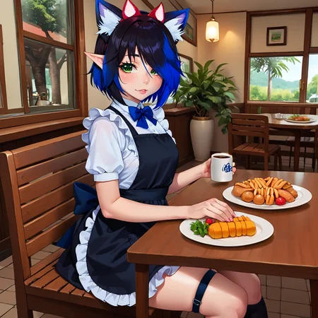 hailey, 1girl, animal ears ,black hair, blue hair, cat ears, freckles, green eyes, hair over one eye, lips, looking at viewer, multicolored hair, pointy ears, short hair, solo, closed mouth, thigh strap, tree, two-tone hair, food on table, chairs, indoors, source_anime, restaurant, at restaurant, from side, leaning,
jyojifuku, frills, kneehighs, apron, multicolor apron, white frills, black apron, black kneehighs, blue threads, blue bow tie, pockets,
food_focus, coffee mug, holding mug,
<lora:Hailey-ponyxl:0.6>, <lora:maid_Pony_V1.0:1>, <lora:Real_Anime_v2:0.3>, <lora:Food_Focus:0.3>