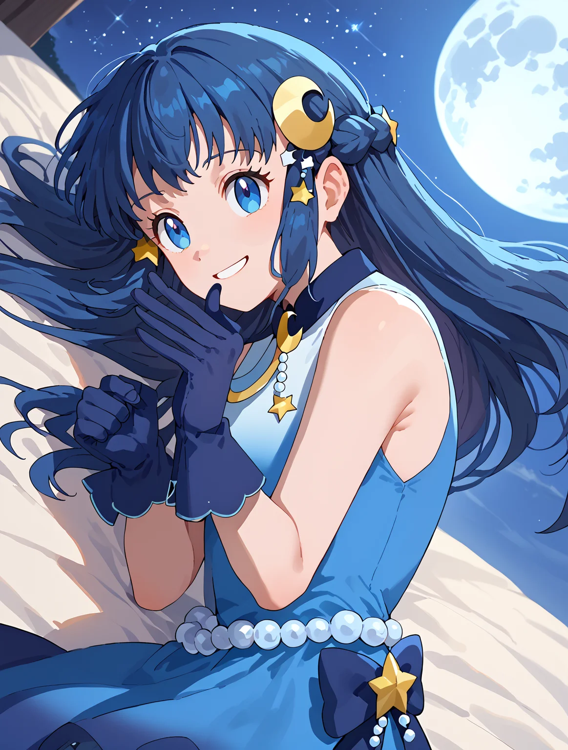 Lying on the side, pretending to laugh at a joke, Close Up, solo, 1girl, smile, night sky, star \(sky\), moon, <lora:DawnPony:1> Dawn_Con, long hair, blue hair, blue eyes, braid, crescent hair ornament, gradient dress, blue dress, sleeveless, blue bow, blue gloves,, score_9, score_8_up, score_7_up,