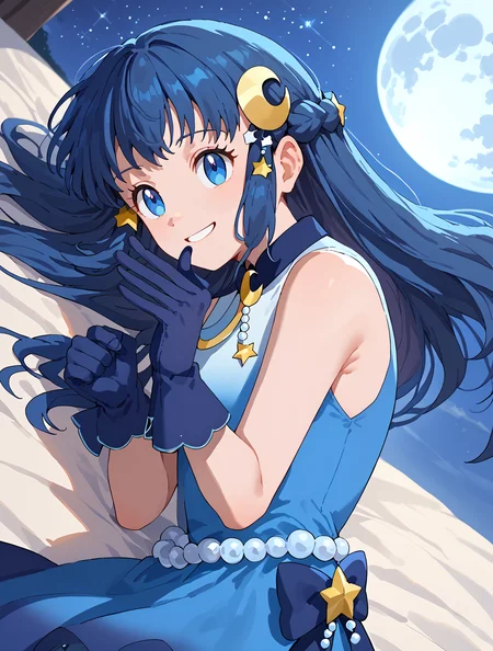 Lying on the side, pretending to laugh at a joke, Close Up,  solo, 1girl,  smile,  night sky, star \(sky\), moon, <lora:DawnPony:1> Dawn_Con, long hair, blue hair, blue eyes, braid, crescent hair ornament, gradient dress, blue dress, sleeveless, blue bow, blue gloves,, score_9, score_8_up, score_7_up,