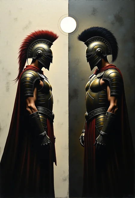 0n1r1c, Create a dramatic impasto painting with drips and painterly smudges of two majestic warriors, inspired by Achilles, the central character in Homer's Iliad, wearing futuristic, metallic full-body armor with a complex, segmented design. 

The painting is divided vertically into three sections.
The left section, only white, is dominate from Hector, his
warrior's helmet should have a striking red horsehair crest.
The background of this left section is a light white.
The middle section, only light gray, showcases a high, arched window below the upper edge of the painting, through which the moon shines.
The background of this middle section is a light gray.
The right section, only dark gray, is dominate from Patroclus, his warrior's helmet should have a striking white horsehair crest.
The background of this right section is a dark gray.

Both helmets reminiscent of ancient Greek soldiers.
Both armors should have multiple plates and reinforcements, covering the entire body and combining both ancient and modern aesthetics. 

The shoulder plates and bracers of both armors should feature additional plating with gold accents. Both warriors should wear long, flowing black capes, adding a touch of royalty. Their overall appearance should exude strength, nobility, and a harmonious blend of the antique and the modern. Set the scene in a dark, grand hall with high, arched windows in the background. The painting should emphasize a combination of ancient grandeur and a futuristic, modern, and abstract style, with dramatic lighting features in a monochromatic scheme, primarily in shades of black, white, and gray.
