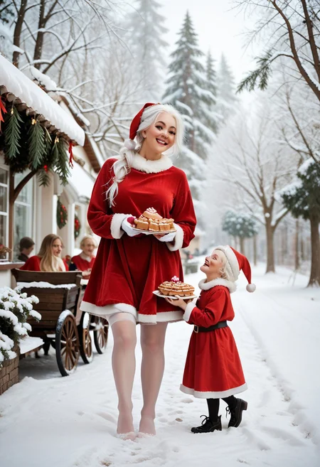 1girl, score_9, score_8_up, score_7_up, score_6_up, score_5_up, score_4_up, mclaus, white hair, 45 years old, red christmas dress, making friends with the local wildlife, feeding bread to the bears. WhiteRealStockings
