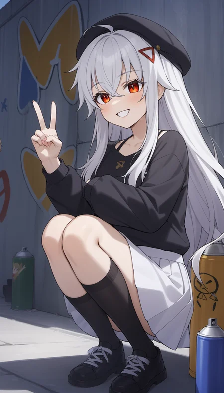 1girl, chiyo, chrono ark, red eyes, white hair, hair accessory, bright pupils,
drawing, graffiti, wall, street, squatting, v, one eye closed, smile, spray can, spray paint , holding can, black hat, black shirt, white skirt, black socks,
masterpiece, best quality, very aesthetic, newest, cinematic lighting, highres, absurdres, incredibly absurdres <lora:CulturedDiffusion_Chiyo_Chrono_Ark_AniXLV31:0.5>