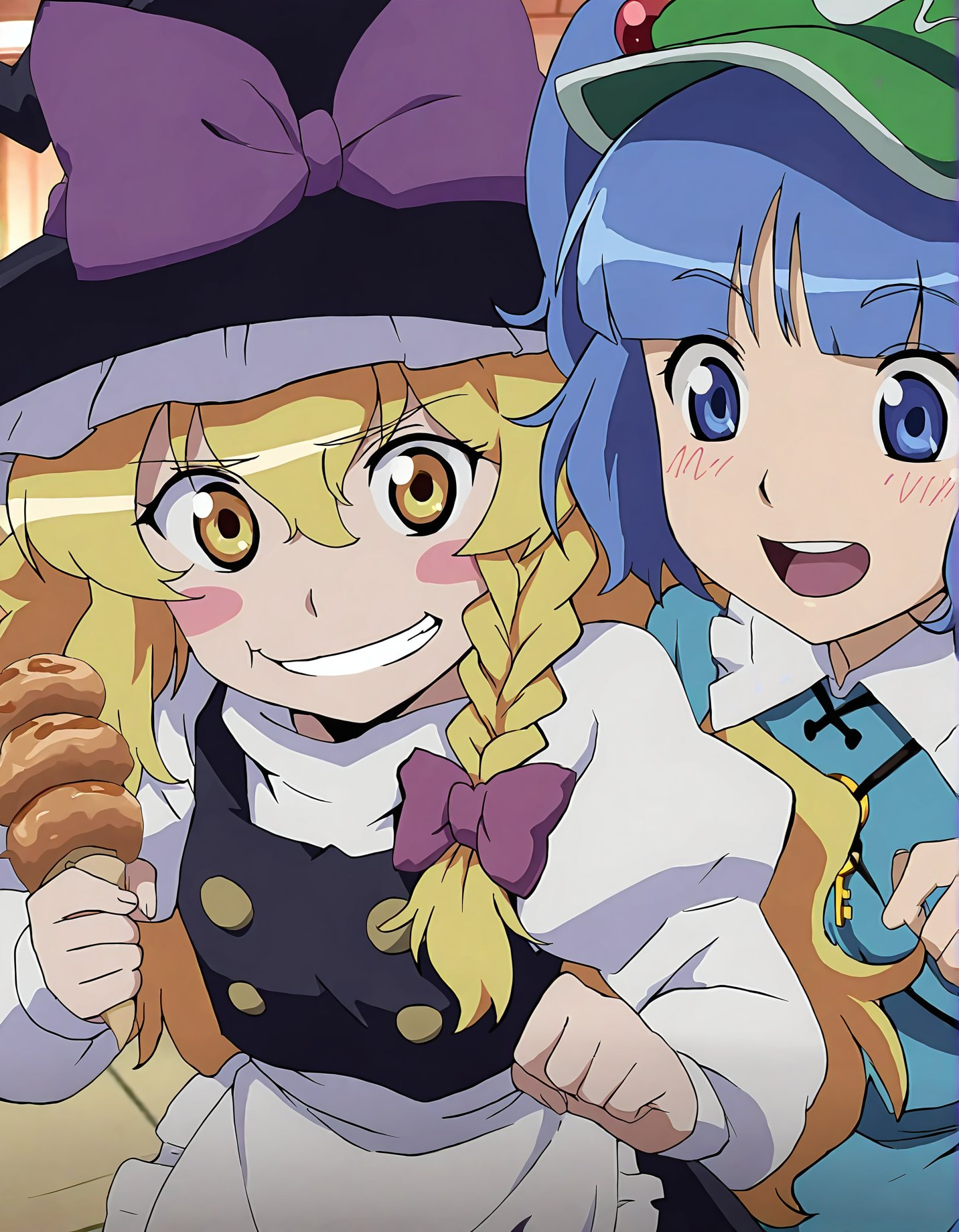 memoriesofphantasm, multiple girls, kawashiro nitori, 2girls, kirisame marisa, blonde hair, blue hair, braid, blue eyes, smile, key, yellow eyes, hat, two side up, hair bobbles, grin, hair ornament, anime coloring, long hair, eating, blush stickers, single braid, food, sensitive, short hair, general, bow, blush, long sleeves, side braid, upper body, shirt, hair bow, hair ribbon, ribbon, vest, teeth
very awa, masterpiece, best quality, year 2024, newest, highres, absurdres, <lora:memories-of-phantasm-style-noobai-vpred10:1>