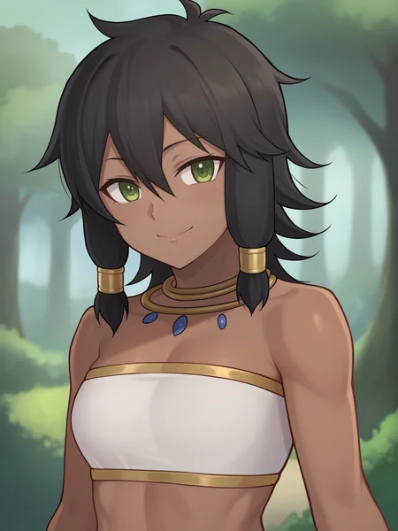 outdoors,nature,
<lora:TionaXL:0.7>,tionasdxl, hair tubes, dark-skinned female, 1girl,solo, neck ring, black hair,  short hair, bare shoulders, looking at viewer,  green eyes,smile,upper body, hair between eyes, bandeau, 
 <lora:[GP] Asura Style [Pony XL]:1>