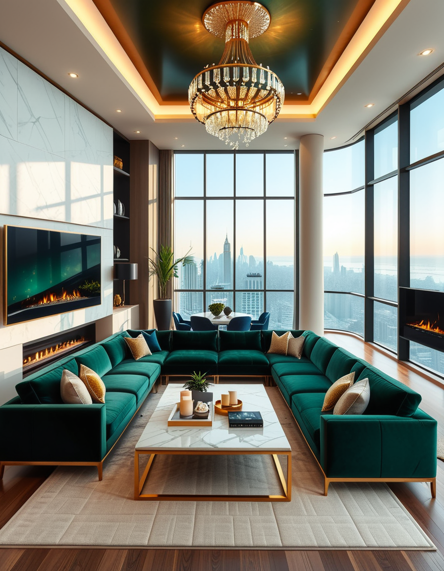 A lavish and modern luxury living room with a spacious open layout. The room features a grand chandelier with crystal details hanging from a high ceiling. Plush velvet sofas in deep emerald green and navy blue are arranged around a sleek marble coffee table with gold accents. The floor-to-ceiling windows allow natural light to flood the space, revealing a breathtaking city skyline in the background. A contemporary fireplace with a sculptural design adds warmth, while elegant artwork and designer decor pieces complete the sophisticated ambiance. The lighting is soft and ambient, creating a cozy yet opulent atmosphere.
<lora:SDXLFaeTastic2400:0.4> <lora:extremely_detailed:0.4> extremely detailed,  <lora:luxurious_l1v1ng_r00m:1>,luxurious l1v1ng r00m, Masterpiece,best quality,hi res,8k,hi res,8k,award winning,(sharp focus, intricate, highly detailed),