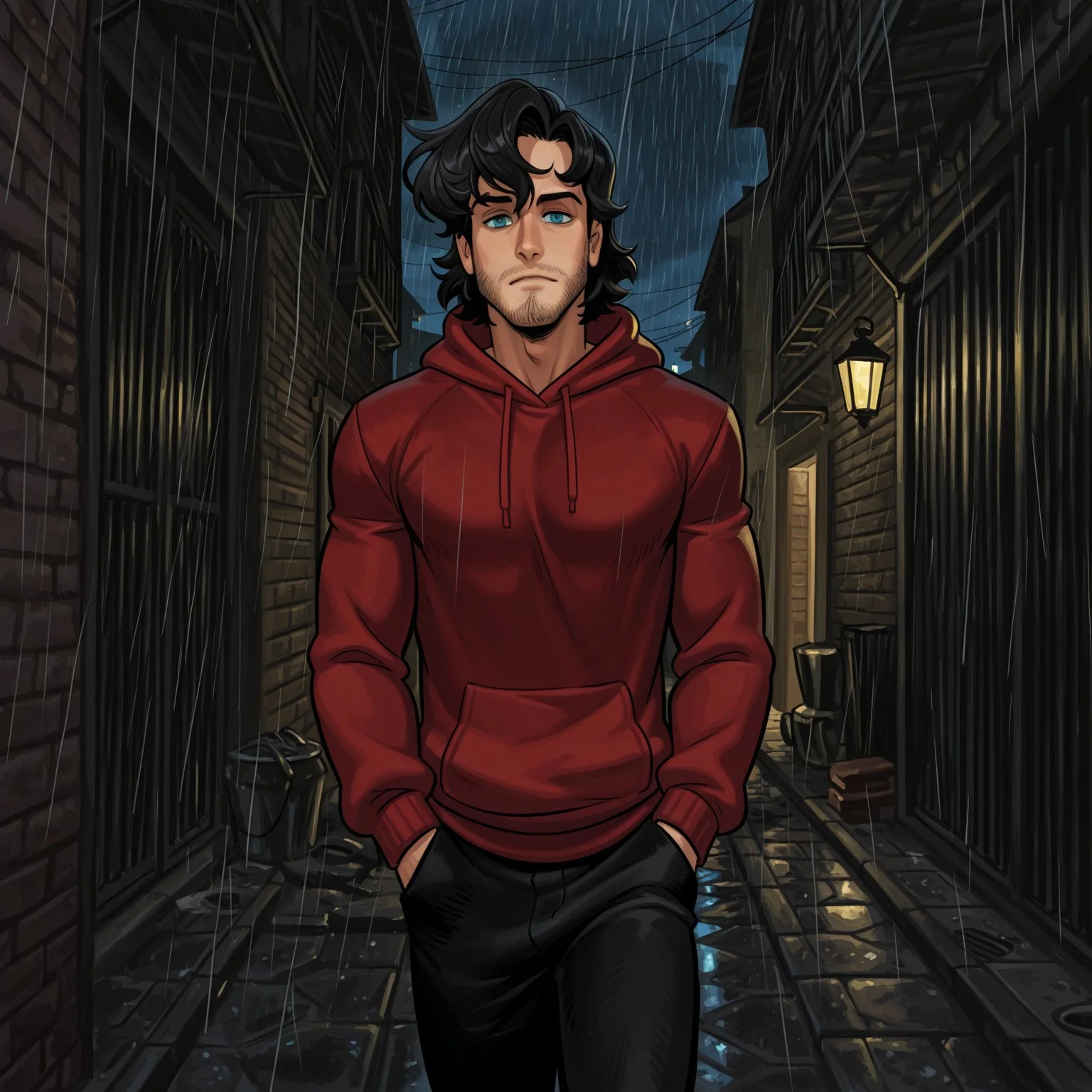 AlexAhad, masterpiece, best quality, hyper-Detailed, 1man, solo, male focus, alone, detailed, absolute clark kent ((young, muscular male, fair skin, black hair, medium hair, detailed blue eyes, beard stubble)), ((wearing red hoodie, black pants)), walking with hands in pockets, in a dark city alley, slums, looking at the viewer, night, raining