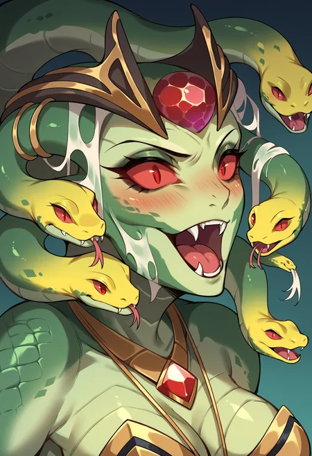 score_9, score_8_up, score_7_up, score_6_up, score_5_up, score_4_up, 1girl <lora:MedusaDota2:0.75> solo, breasts, green skin, colored skin, red eyes, colored sclera. glowing, snake, snake hair, scales, monster girl, no ears, fangs, jewelry, gem, upper body, blush, open mouth,
blue background,