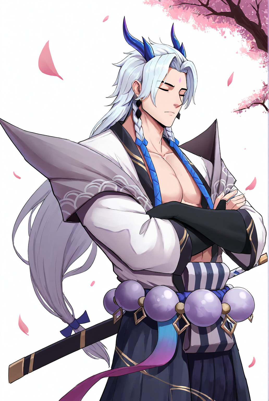very awe,aesthetically pleasing,masterpiece,best quality,amazing quality,very aesthetic,ultra-detailed,high resolution,8k,1boy,solo,cowboy shot,male focus,detailed face,japanese clothes,horns,weapon,long hair,white hair,pectorals,beads,jewelry,standing,crossed arms,closed eyes,cherry blossoms,<lora:Yone Spirit Blossom:0.8>,y0ne spirit blossom,