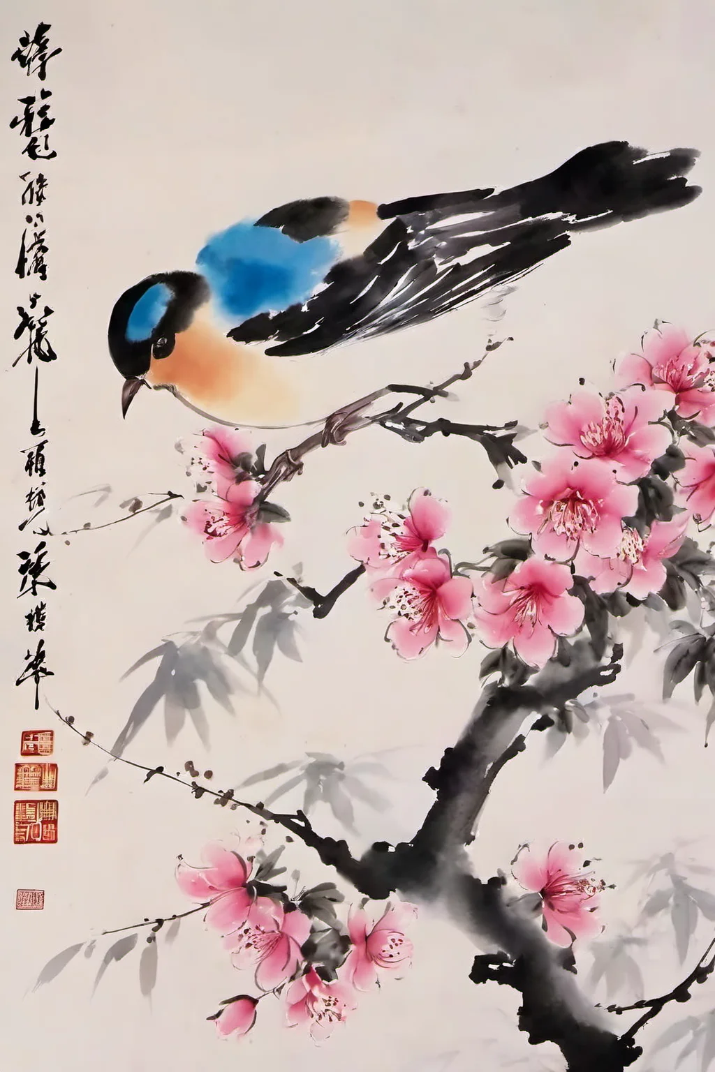 chinese ink painting, traditional media, liujiyou, bird, branch, flower, no human <lora:liujiyou-000008:0.8>