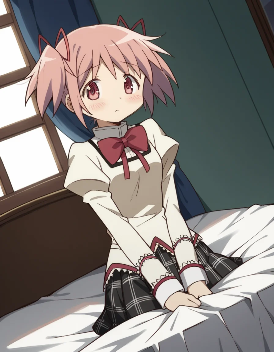 score_9, score_8_up, score_7_up, source_anime, <lora:madoka-kaname-s1-ponyxl-lora-nochekaiser:1>, madoka kaname, short hair, ribbon, twintails, hair ribbon, pink hair, pink eyes, short twintails,, skirt, school uniform, mitakihara school uniform, puffy sleeves, plaid skirt, pleated skirt, bowtie, red bowtie, bedroom, bed, pillows, nightstand, window, , hands on stomach, blush,, looking at viewer, solo,, dutch angle, cowboy shot