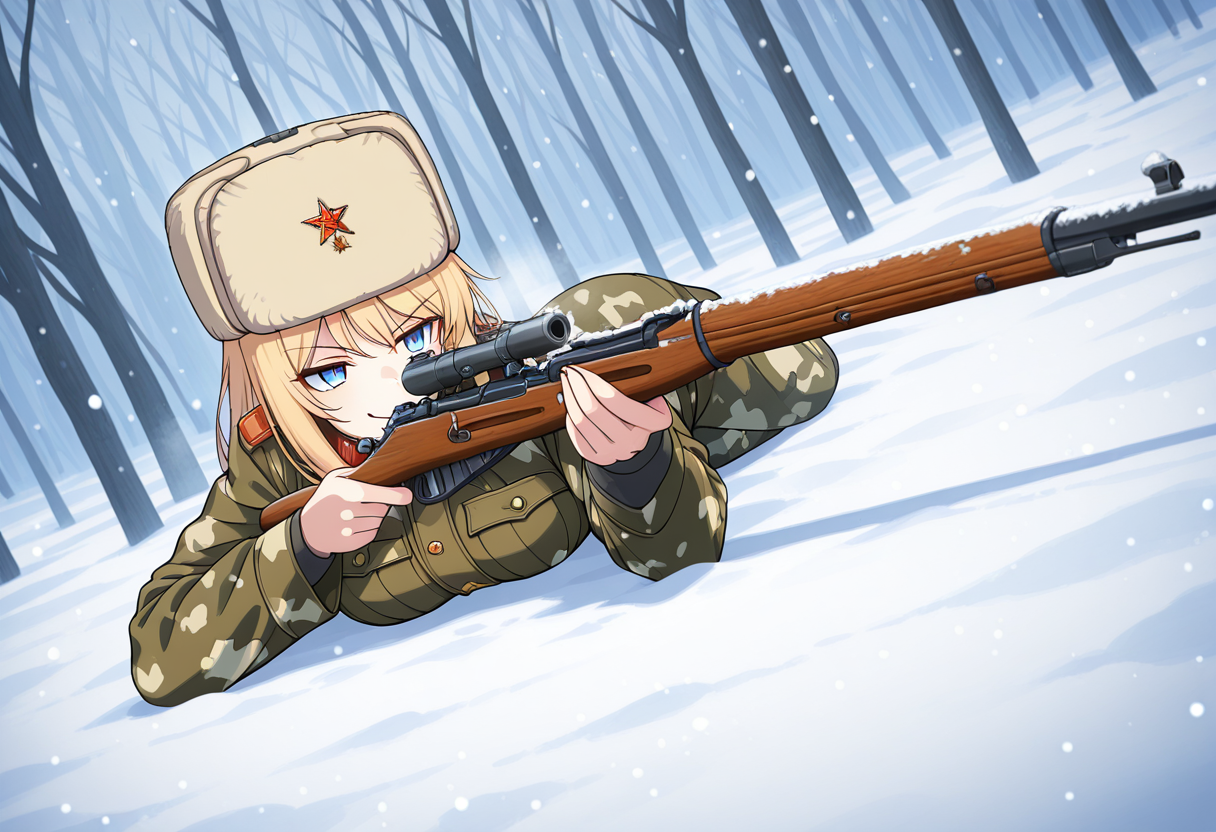 Graphic Design, color art, vibrant colors, colorful, intricate details, high contrast, detailed background, beautiful detailed, beautiful face, detailed eyes, detailed face, newest, new, 1girl, solo, blonde hair, military uniform, soviet, ushanka, winter camouflage, blue eyes, lying, on stomach, dynamic pose, snow, winter, snowing, m0s1n, gun, holding weapon, rifle, bolt action, perspective, dutch angle, smirk, aiming,