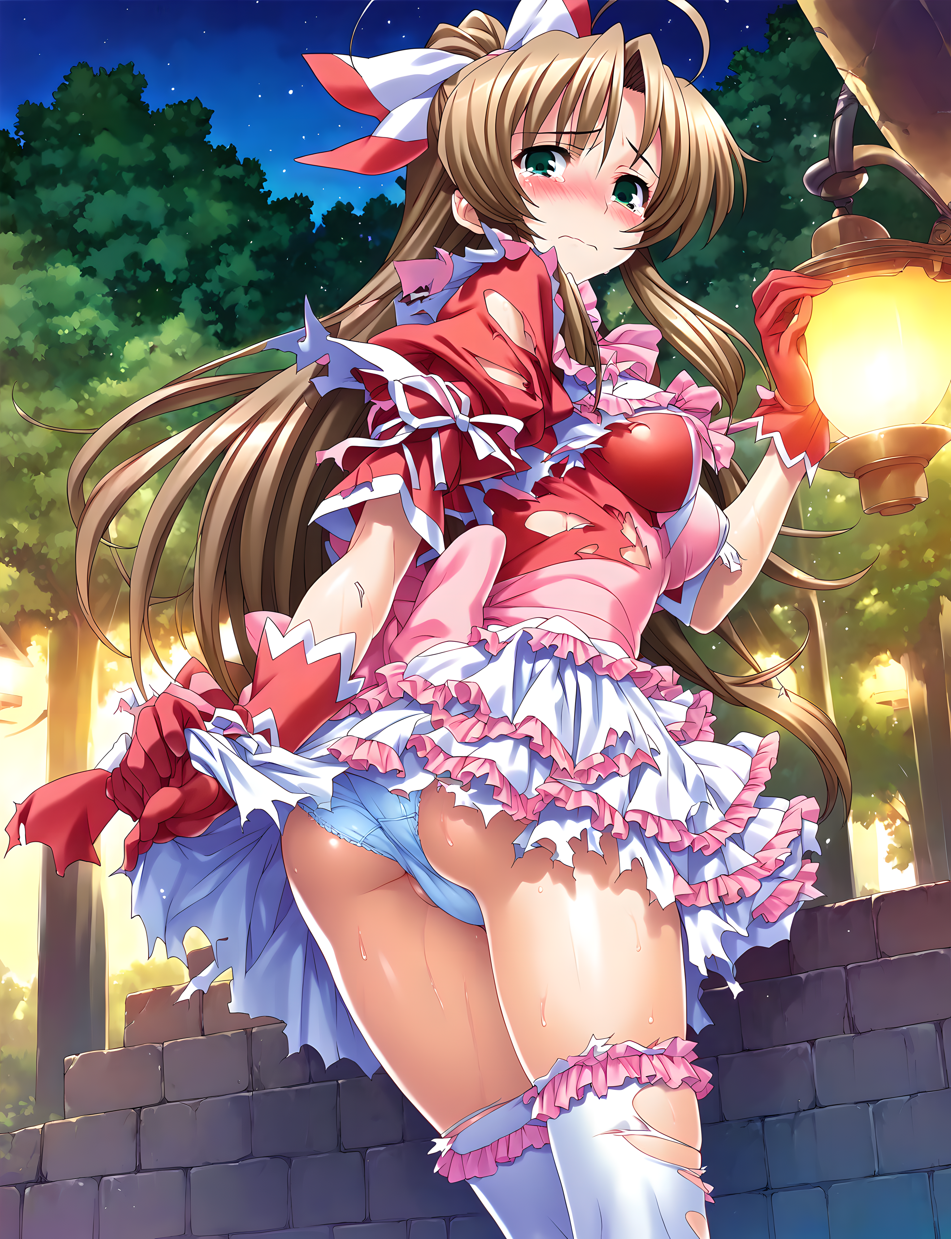 <lora:pony_xl_sae:0.8>,sae,score_9,score_8_up,score_7_up,source_anime,1girl,solo,night,park,pink bow,hair bow,torn clothes,red gloves,white thighhighs,underwear,panties,embarrass,blush,tears,standing,looking_back,