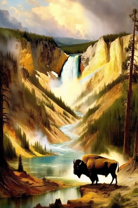 <lora:Thomas Moran Style:1>Thomas Moran Style - yellowstone national park in the style of thomas moran. there should be a bison and a waterfall in the picture.
